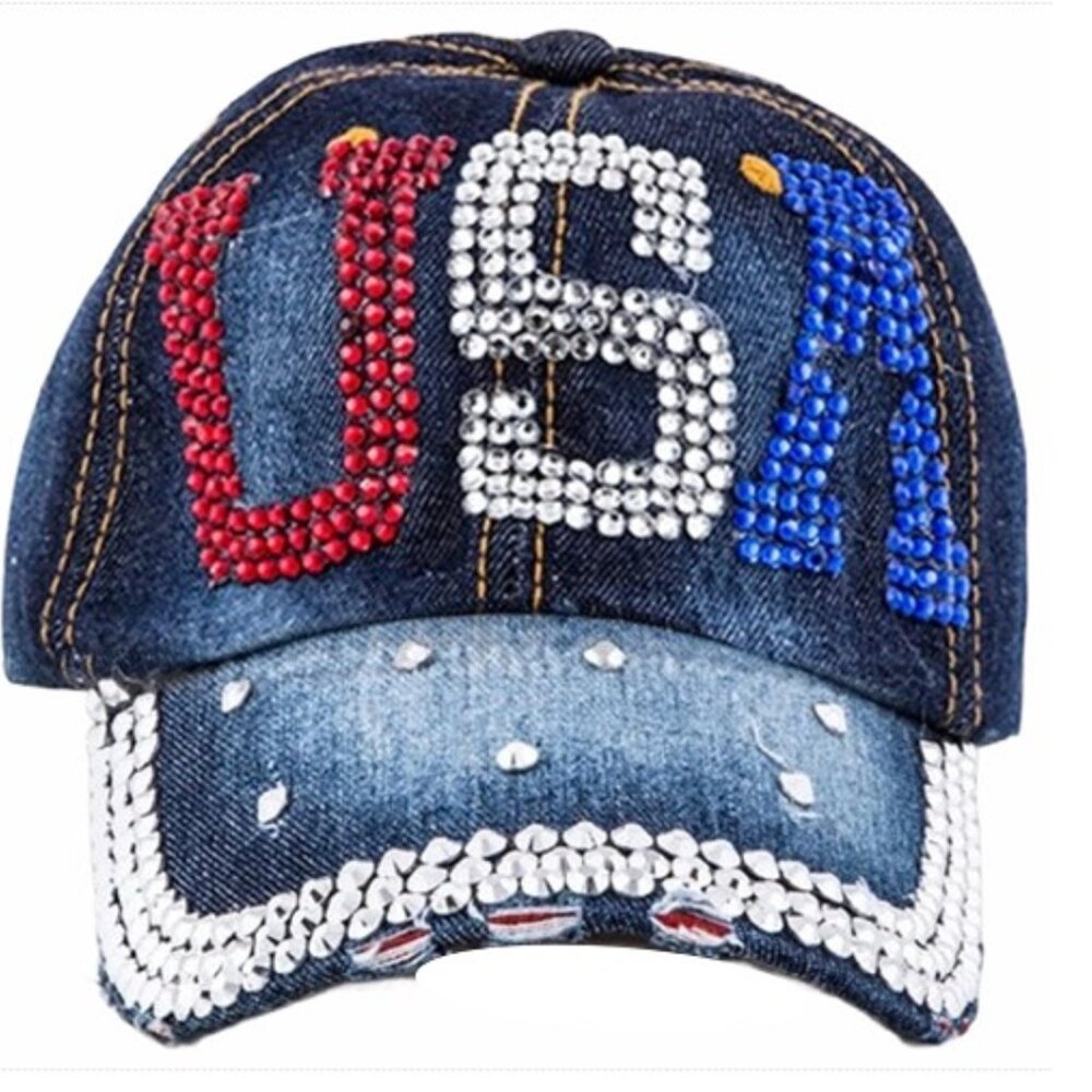 USA Red White & Blue Rhinestone Bling Distressed Brim Denim Ball Cap NWT